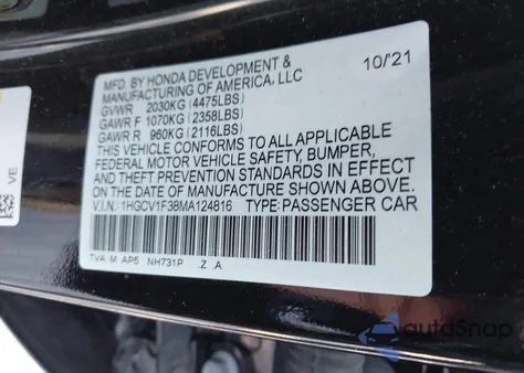 2021 Honda Accord Sport z USA, uszkodzony, nr VIN 1HGCV1F38MA124816